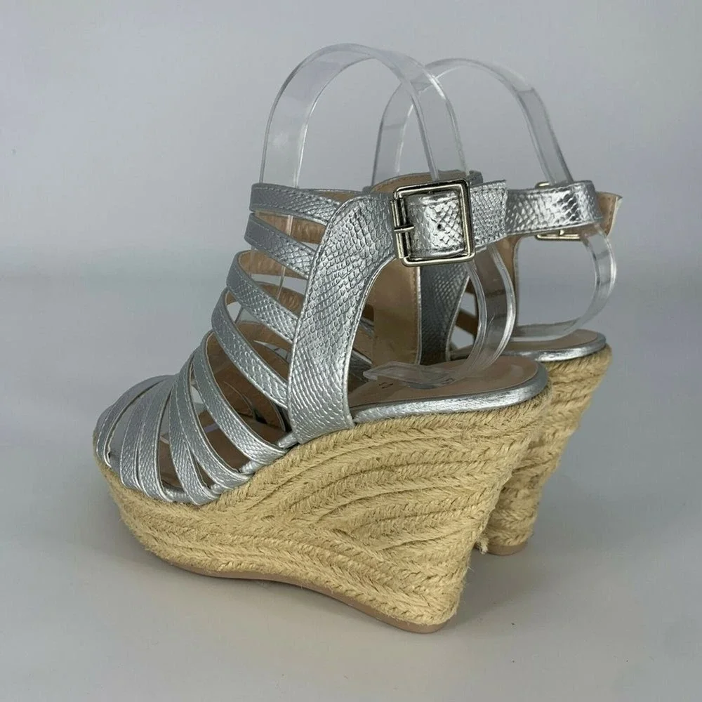 QUPID Cage Open Toe Wedges Sandals Slingback Heels Silver Size 7.5 Rattan Wicker